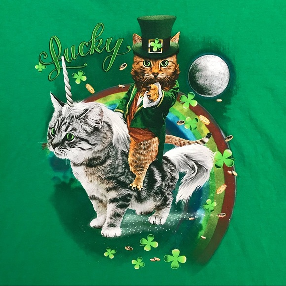 Lucky Cats Graphic Tee Adult 3XL XXXL Green Saint Patricks Day Leprechaun Unicat - Picture 2 of 7